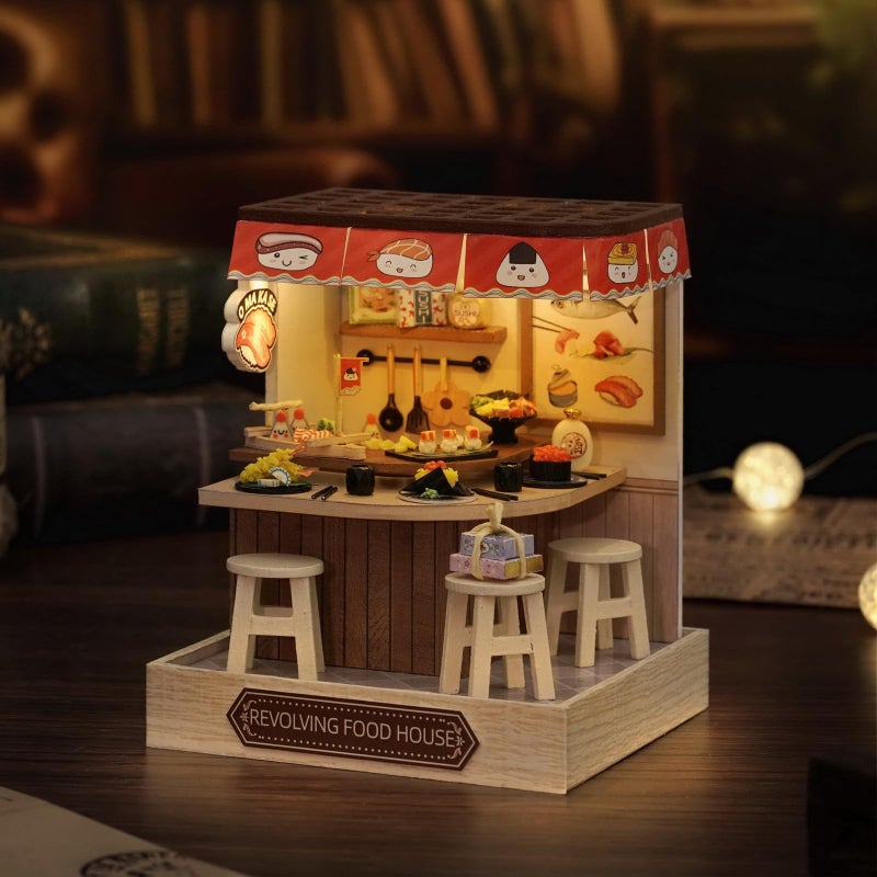 CUTEROOM Miniature House Kit, CUTEROOM Tiny House Kit Wooden Dollhouse Kit Mini House Making Kit with Dust Cover, DIY Sushi Dollhouse Kit Birthday Gift (Food House) - Image 5