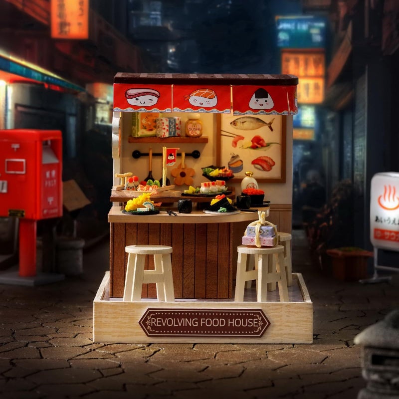 CUTEROOM Miniature House Kit, CUTEROOM Tiny House Kit Wooden Dollhouse Kit Mini House Making Kit with Dust Cover, DIY Sushi Dollhouse Kit Birthday Gift (Food House) - Image 4