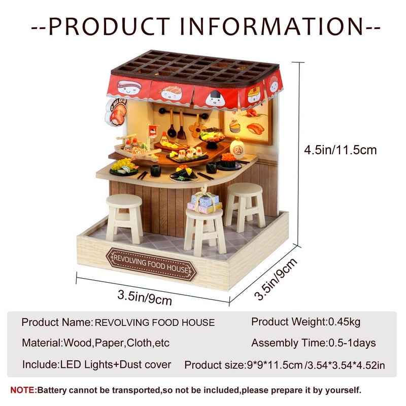 CUTEROOM Miniature House Kit, CUTEROOM Tiny House Kit Wooden Dollhouse Kit Mini House Making Kit with Dust Cover, DIY Sushi Dollhouse Kit Birthday Gift (Food House) - Image 3