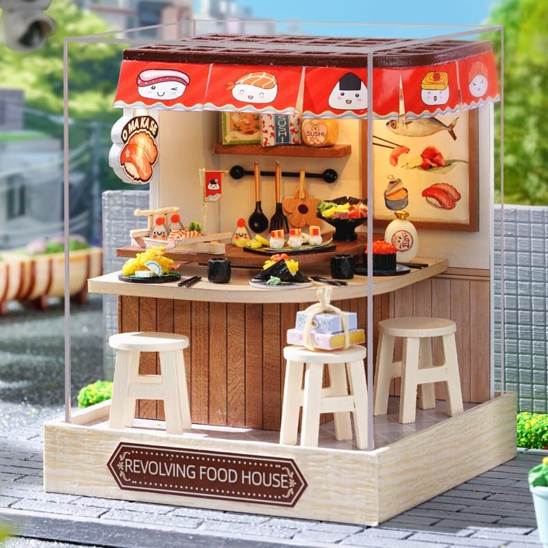 CUTEROOM Miniature House Kit, CUTEROOM Tiny House Kit Wooden Dollhouse Kit Mini House Making Kit with Dust Cover, DIY Sushi Dollhouse Kit Birthday Gift (Food House) - Image 2
