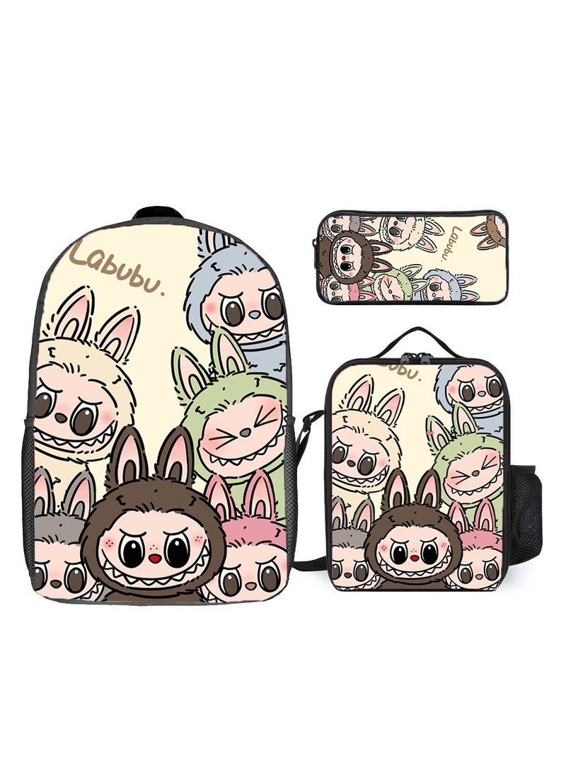 general 2024-2025 Backpack Three-Piece Set Bubble Mart  Labubu Print Casual Backpack for Primary School Students Lunch Bag Pencil Case