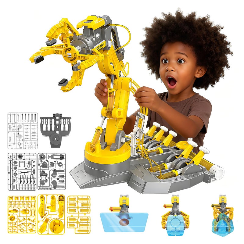 SMILESSKIDDO SMIESSKIDDO 3 in 1 Hydraulic Robot Arm - 220 Pcs STEM Building Toys with 4-Jaw Grab, Suction & Tongs for Kids 8-12 | No Batteries Needed Engineering Gift for Boys & Girls Ages 9 10 11 - Yellow - Image 1