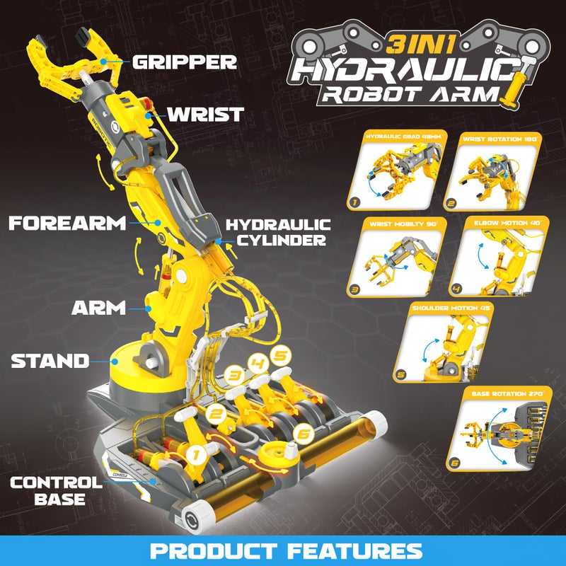 SMILESSKIDDO SMIESSKIDDO 3 in 1 Hydraulic Robot Arm - 220 Pcs STEM Building Toys with 4-Jaw Grab, Suction & Tongs for Kids 8-12 | No Batteries Needed Engineering Gift for Boys & Girls Ages 9 10 11 - Yellow - Image 3