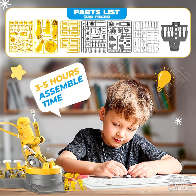 SMILESSKIDDO SMIESSKIDDO 3 in 1 Hydraulic Robot Arm - 220 Pcs STEM Building Toys with 4-Jaw Grab, Suction & Tongs for Kids 8-12 | No Batteries Needed Engineering Gift for Boys & Girls Ages 9 10 11 - Yellow - Image 5