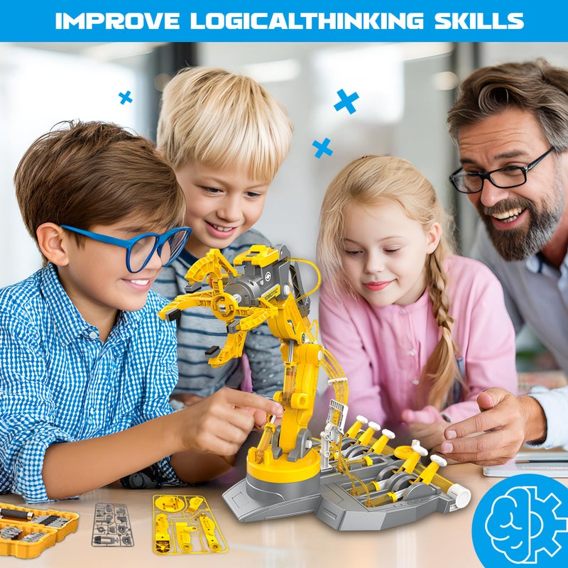 SMILESSKIDDO SMIESSKIDDO 3 in 1 Hydraulic Robot Arm - 220 Pcs STEM Building Toys with 4-Jaw Grab, Suction & Tongs for Kids 8-12 | No Batteries Needed Engineering Gift for Boys & Girls Ages 9 10 11 - Yellow - Image 4