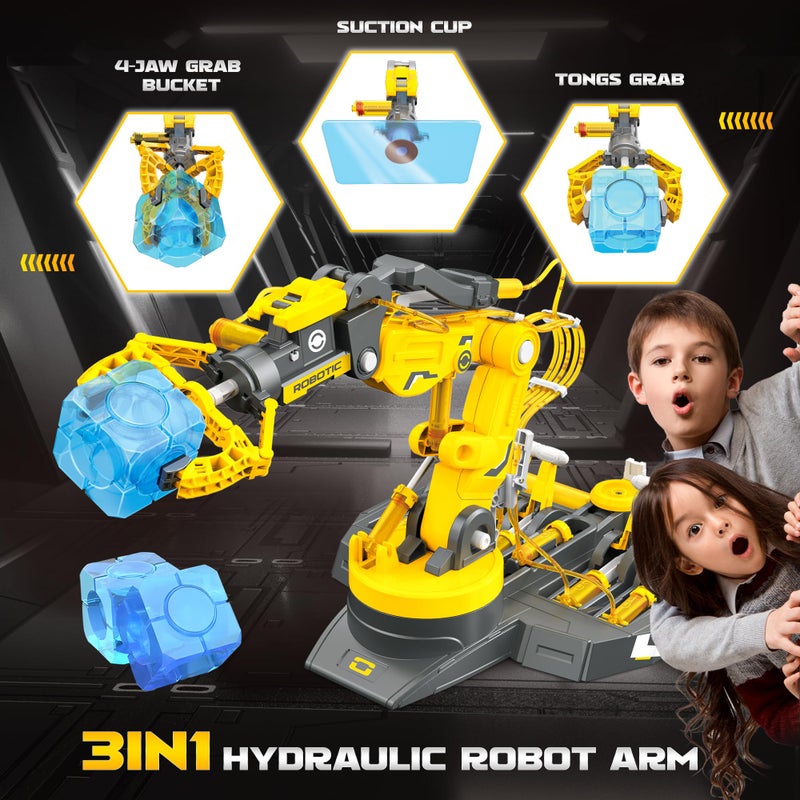SMILESSKIDDO SMIESSKIDDO 3 in 1 Hydraulic Robot Arm - 220 Pcs STEM Building Toys with 4-Jaw Grab, Suction & Tongs for Kids 8-12 | No Batteries Needed Engineering Gift for Boys & Girls Ages 9 10 11 - Yellow - Image 2