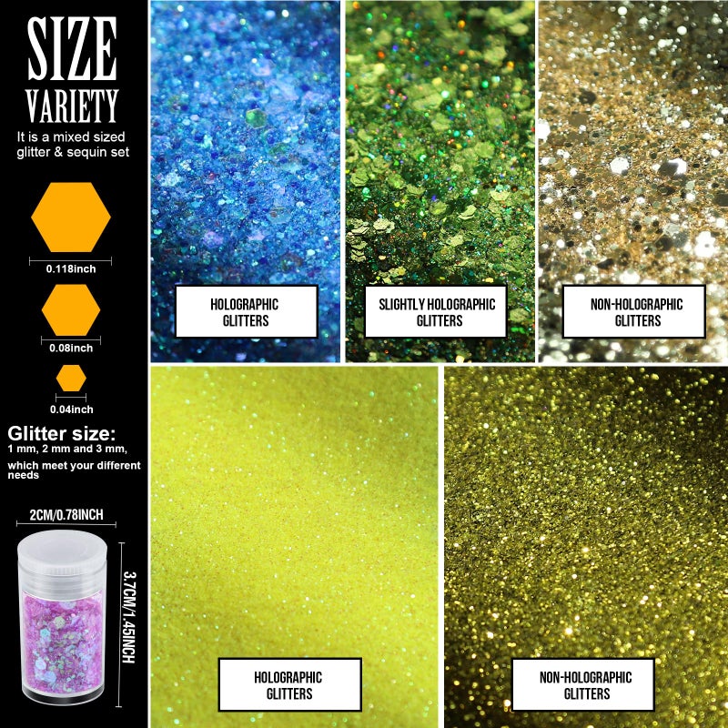Teenitor Fine Glitters and Holographic Chunky Glitters for Nails, Assorted Glitter Slime, Festival Glitter for Nail Face Hair Body , Glitter for Resin Tumblers, 16+16pcs - Image 2