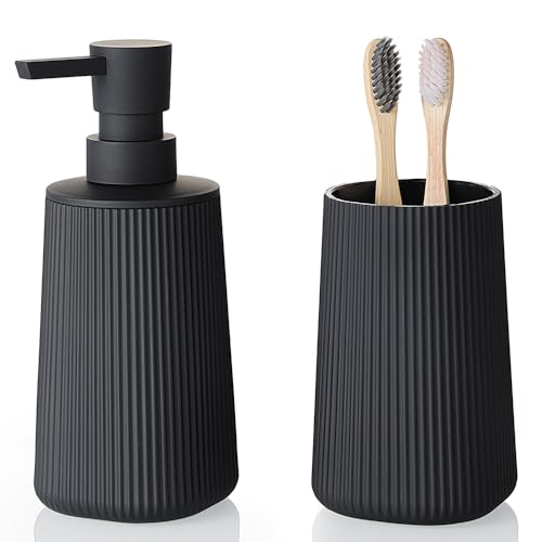 YAUKPH Bathroom Accessories 2 Piece Soap Dispenser and Toothbrush Holder Set Striped Black - Image 1
