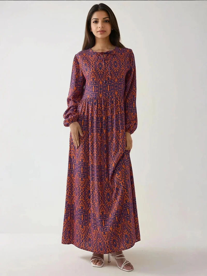 HICCUP Printed A-Form Maxi Dress with Crew Neck