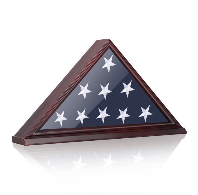 Flag Display Case Thick Bottom Edge Military Flag Box with High Transparent Glass Front Solid Wood Wall Mounted Flag Case Shadow Box for 5x95 American Veteran Burial Flag Red