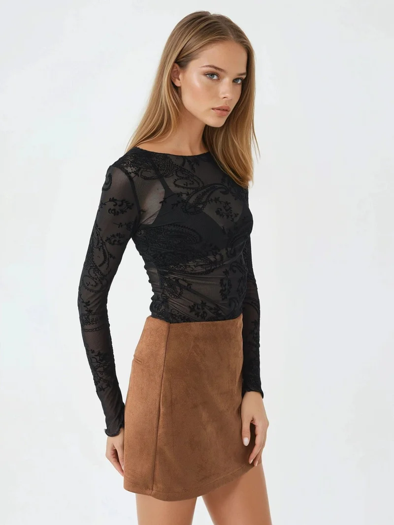 Busem BUSEM Fitted Long Sleeve Flock Print Tulle Blouse