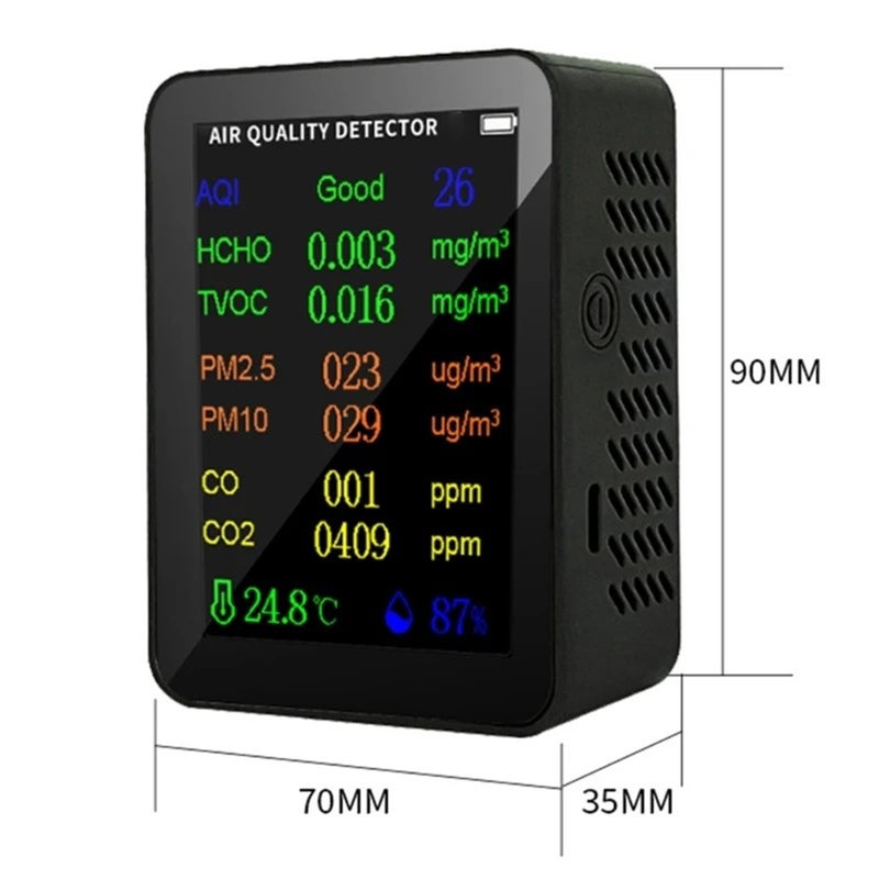Portable Air Quality Meter 9in1 PM2.5 PM10 CO CO2 TVOC HCHO AQI Temperature and Humidity Tester Color Screen Carbon Dioxide Detector with Time and Date Display Function - Image 5
