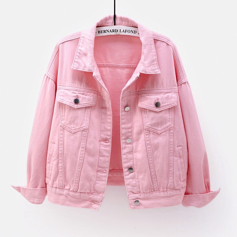 Spring Fall Colorful Plus-Size Denim Jacket Womens Loose Fit Casual BF Style Pink 