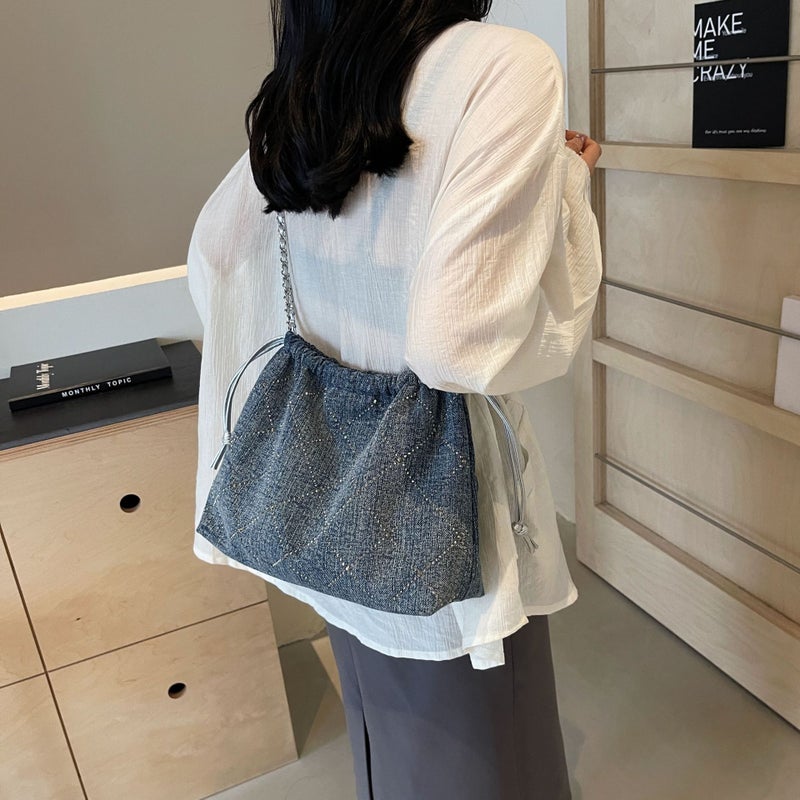 Denim Rhombic Chain Underarm Tote Bag Women'S Fashionable Fashion Commuter Shoulder Crossbody Handbag - Image 4