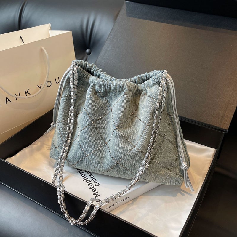 Denim Rhombic Chain Underarm Tote Bag Women'S Fashionable Fashion Commuter Shoulder Crossbody Handbag - Image 5