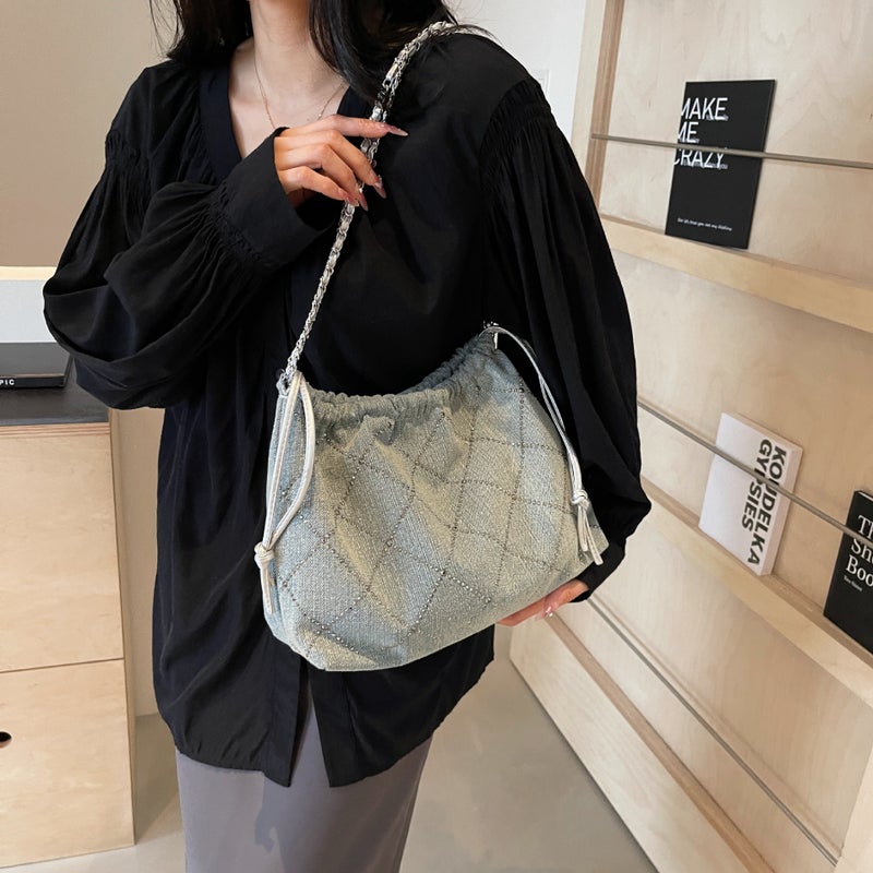 Denim Rhombic Chain Underarm Tote Bag Women'S Fashionable Fashion Commuter Shoulder Crossbody Handbag - Image 3