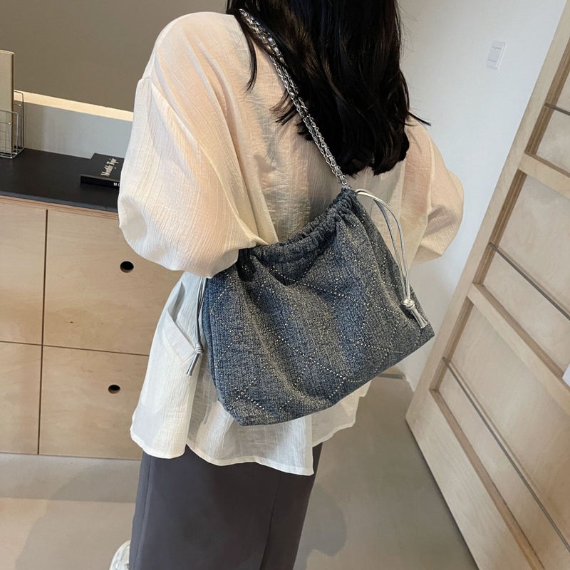Denim Rhombic Chain Underarm Tote Bag Women'S Fashionable Fashion Commuter Shoulder Crossbody Handbag - Image 2