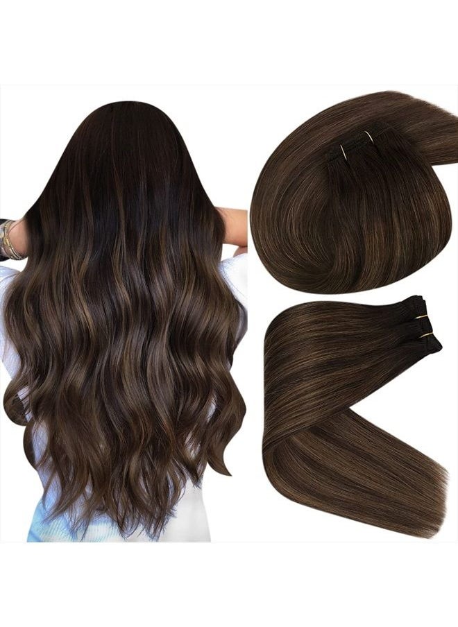 Sunny Hair Sunny Sew in Hair Extensions Brown Balayage Human Hair Extensions Sew in Dark Brown Mix Medium Brown Sew in Weft Hair Extensions Double Weft Extensions 16inch 100g  - Image 1