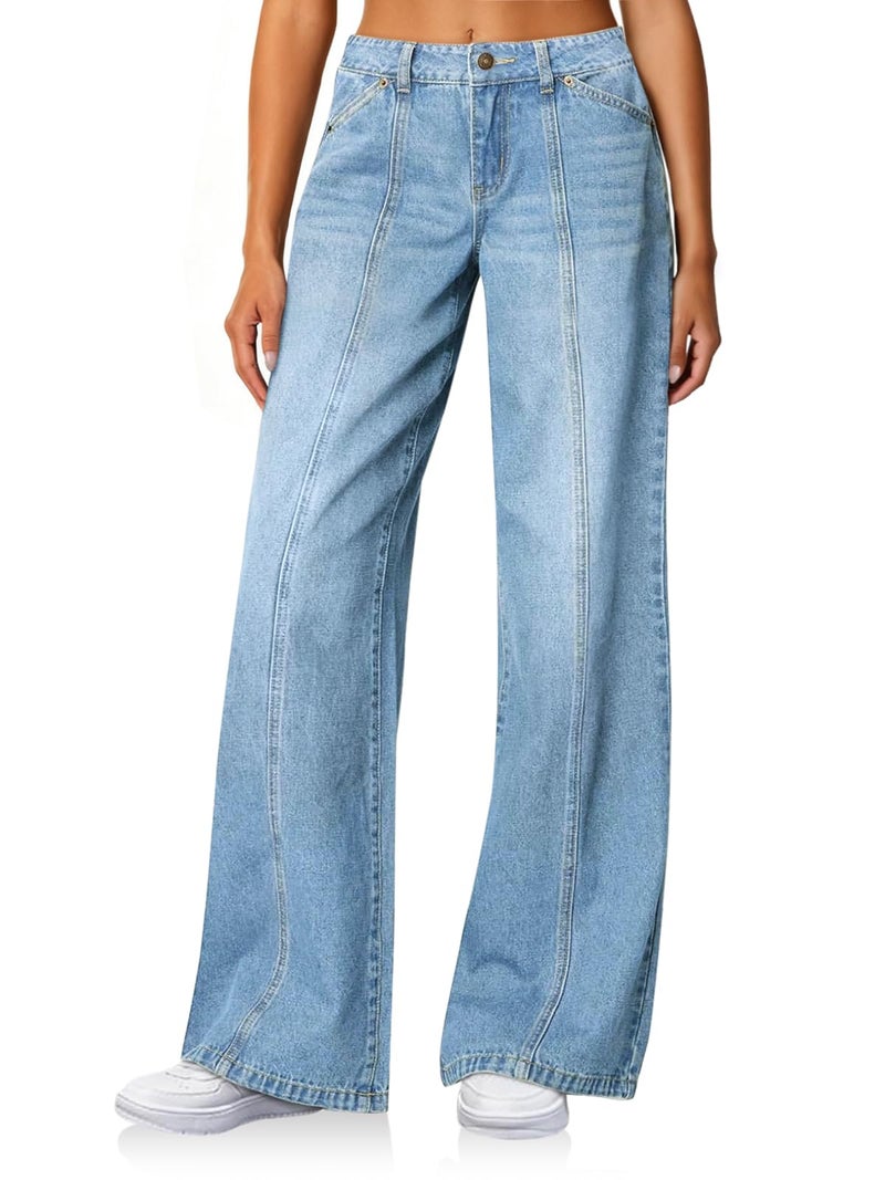 Cicy Bell Womens Wide Leg Jeans High Waisted Baggy Stretchy Front Seam Denim Pants with Pockets Baby Blue - Image 1