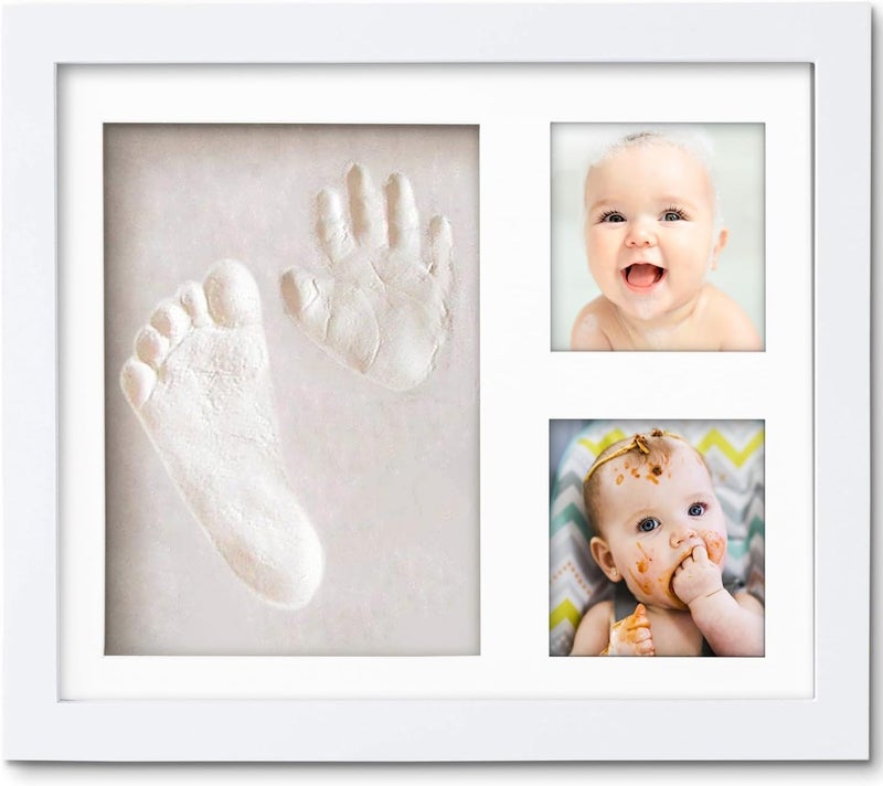 Baby Handprint and Footprint Kit — 3 Window Clay Picture Frame, No Fold Square Wooden Photo Frame, Newborn Keepsake Gift for New Parents, - Image 1
