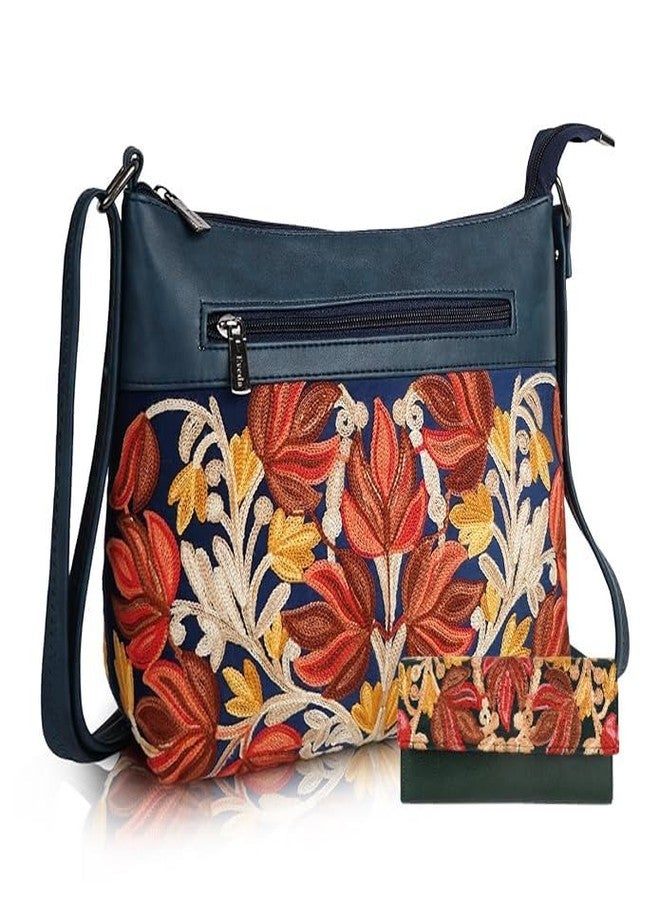 EVEDA Floral Embroidered Sling Bag with Zipper Pocket and Clutch (Green)