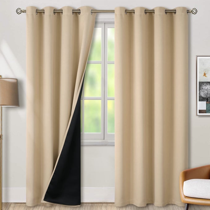 THERMAL INSULATED 100 BLACKOUT CURTAINS FOR BEDROOM WITH BLACK LINER DOUBLE LAYER FULL ROOM DARKENING NOISE REDUCING GROMMET CURTAIN 52 X 84 INCH BEIGE 2 PANELS