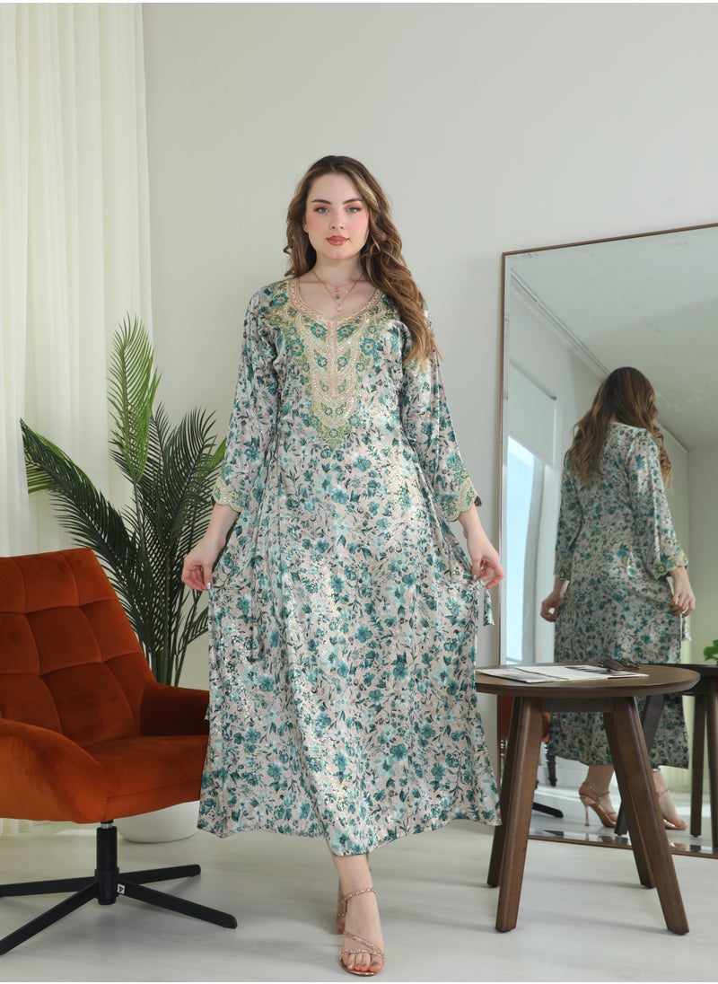Bint Al Bilad Bint Al Bilad Women's Summer Long Luxury Jalabiya | Full-Length Kaftan Dress for Ramadan, Eid Ul Fitr, Wedding, Special Occasions | Embroidered Saudi Abaya | Modest Islamic Clothing  - Image 1