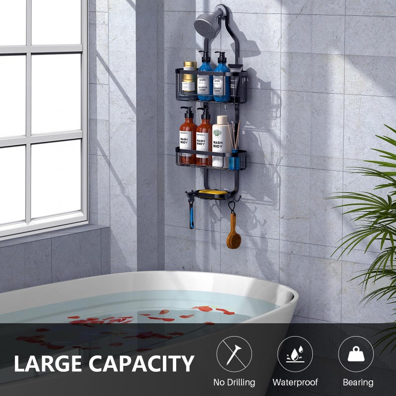 Kadolina Bathroom Hanging Shower Organizer, Over Head Shower Caddy Shower Storage Rack Basket with Hooks for Razor and Sponge Rustproof, Black [Patented] - Image 2