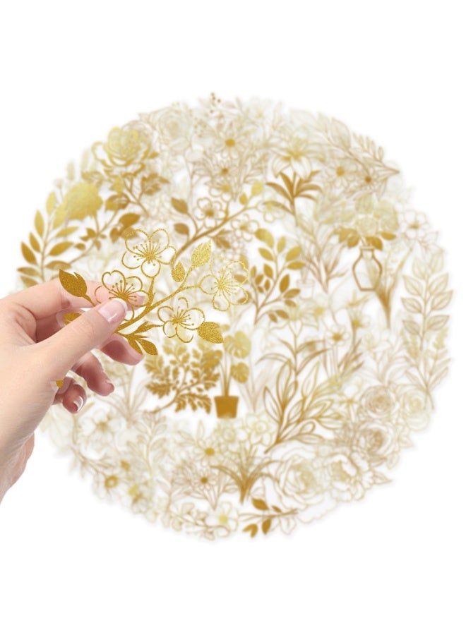 50pcs Golden Plants Stickers PET Transparent Sticker for Kids Golden Flowers Deals DIY Crafts Album Bullet Scrapbooking Junk Journal Journaling Planner Laptop Decor for Kids Teens Adults - Image 3