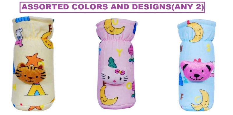 Alya The Cheeky Kidzz Stretchable Soft Velvet Plush Attractive Cartoon Overall Multi Prints Baby Feeding Bottle Cover with Holding Strap Suitable for 150ml 220ml 240ml 250ml Feeding Bottles(Pack of 2;MULTI-COLORS) - Image 2
