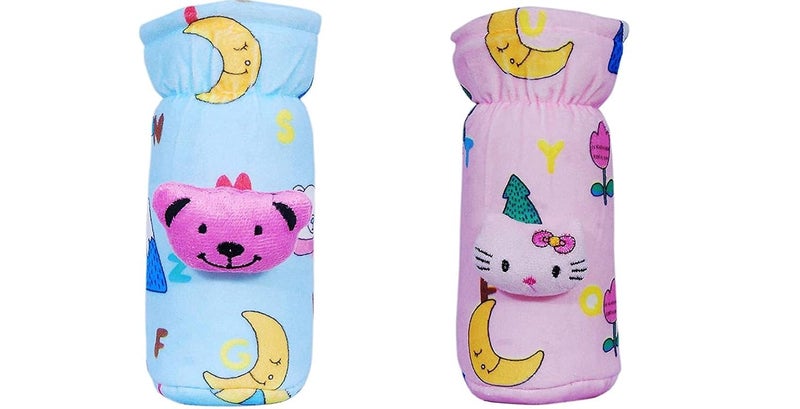 Alya The Cheeky Kidzz Stretchable Soft Velvet Plush Attractive Cartoon Overall Multi Prints Baby Feeding Bottle Cover with Holding Strap Suitable for 150ml 220ml 240ml 250ml Feeding Bottles(Pack of 2;MULTI-COLORS) - Image 1