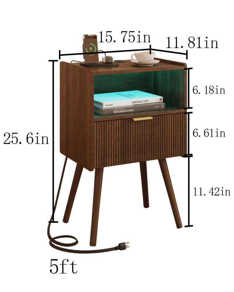 Leomonio Walnut Brown Nightstand, Modern Bedside Table with Charging Station & LED Lights, Plus Storage Drawer, Open Wood Shelf and Solid Wood Legs, for The Living Room, Bedroom & Small Spaces - Image 2