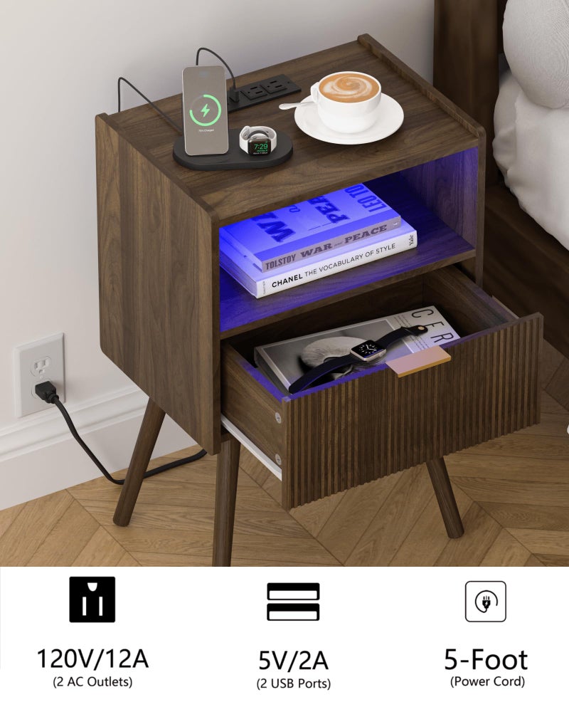 Leomonio Walnut Brown Nightstand, Modern Bedside Table with Charging Station & LED Lights, Plus Storage Drawer, Open Wood Shelf and Solid Wood Legs, for The Living Room, Bedroom & Small Spaces - Image 4