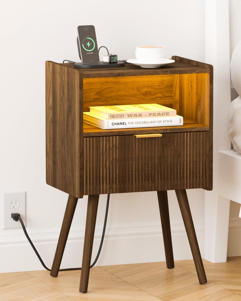 Leomonio Walnut Brown Nightstand, Modern Bedside Table with Charging Station & LED Lights, Plus Storage Drawer, Open Wood Shelf and Solid Wood Legs, for The Living Room, Bedroom & Small Spaces - Image 1