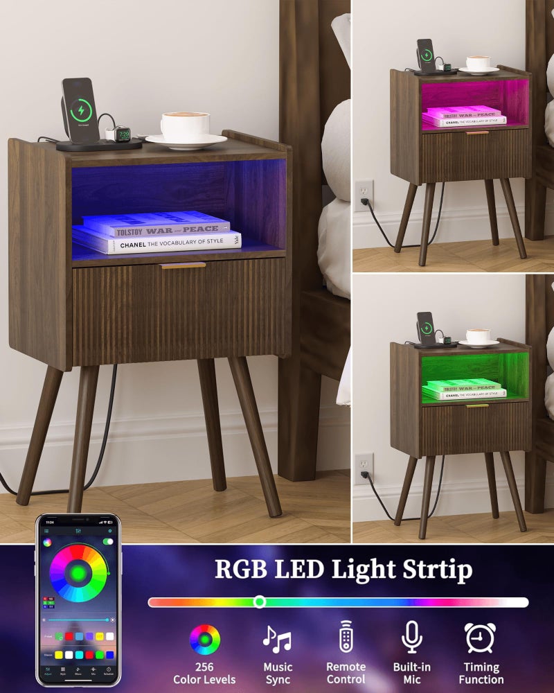 Leomonio Walnut Brown Nightstand, Modern Bedside Table with Charging Station & LED Lights, Plus Storage Drawer, Open Wood Shelf and Solid Wood Legs, for The Living Room, Bedroom & Small Spaces - Image 5