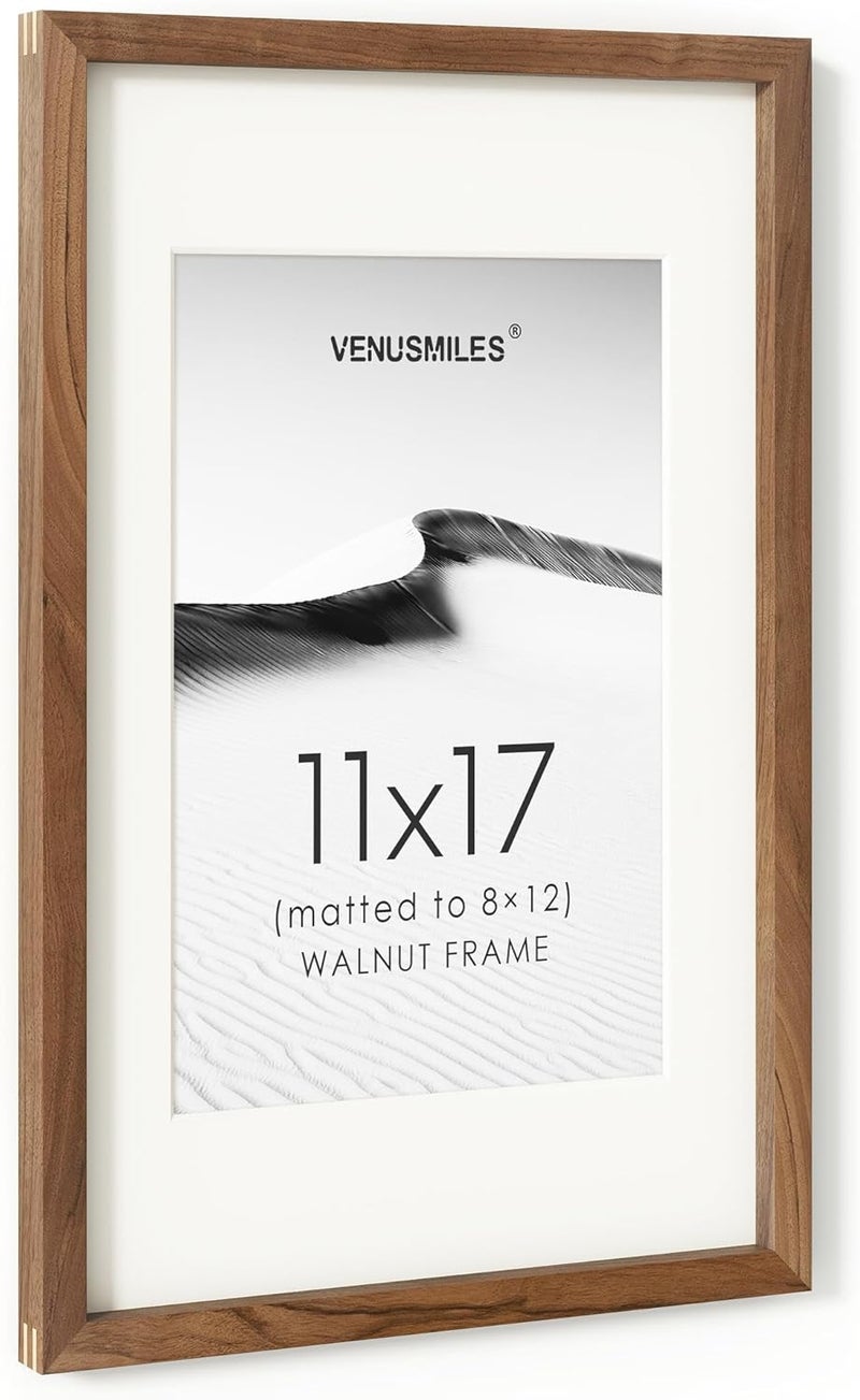 Venusmiles إطار صور 11x17 بوصة، خشب جوز طبيعي من الولايات المتحدة، إطار صور مجمّع مع زجاج مقسّى عالي الوضوح، إطار خشبي بسيط حديث 11x17 مع حافة داخلية مقاس 8x12، تعليق عمودي وأفقي على الحائط - Image 1