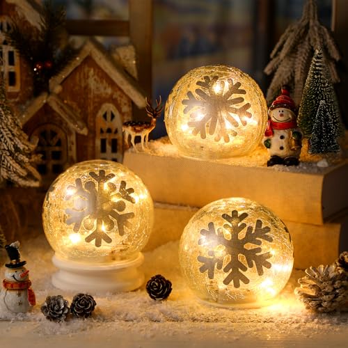 Tujoe 3 Pcs Winter Decorations Indoor 4 Crackle Snowflakes Glass Globe Ball Lamp Night Lights with LED Timer Battery Operated Lighted Decorative Tabletop Decor for Table Home Centerpiece Party Gift - Image 1