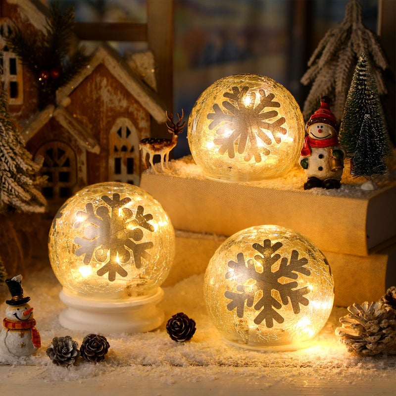 Tujoe 3 Pcs Winter Decorations Indoor 4 Crackle Snowflakes Glass Globe Ball Lamp Night Lights with LED Timer Battery Operated Lighted Decorative Tabletop Decor for Table Home Centerpiece Party Gift - Image 2
