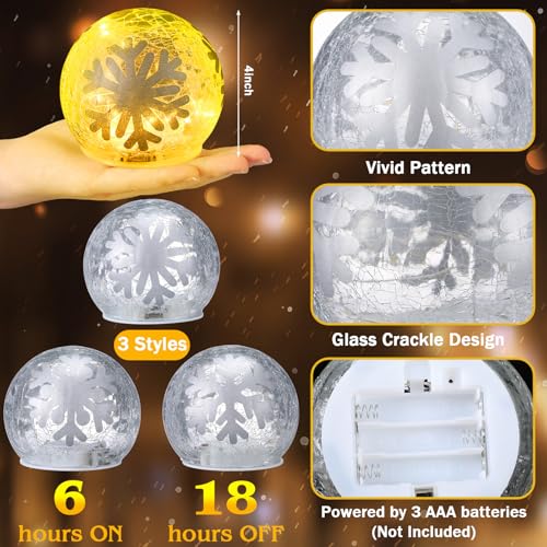 Tujoe 3 Pcs Winter Decorations Indoor 4 Crackle Snowflakes Glass Globe Ball Lamp Night Lights with LED Timer Battery Operated Lighted Decorative Tabletop Decor for Table Home Centerpiece Party Gift - Image 3