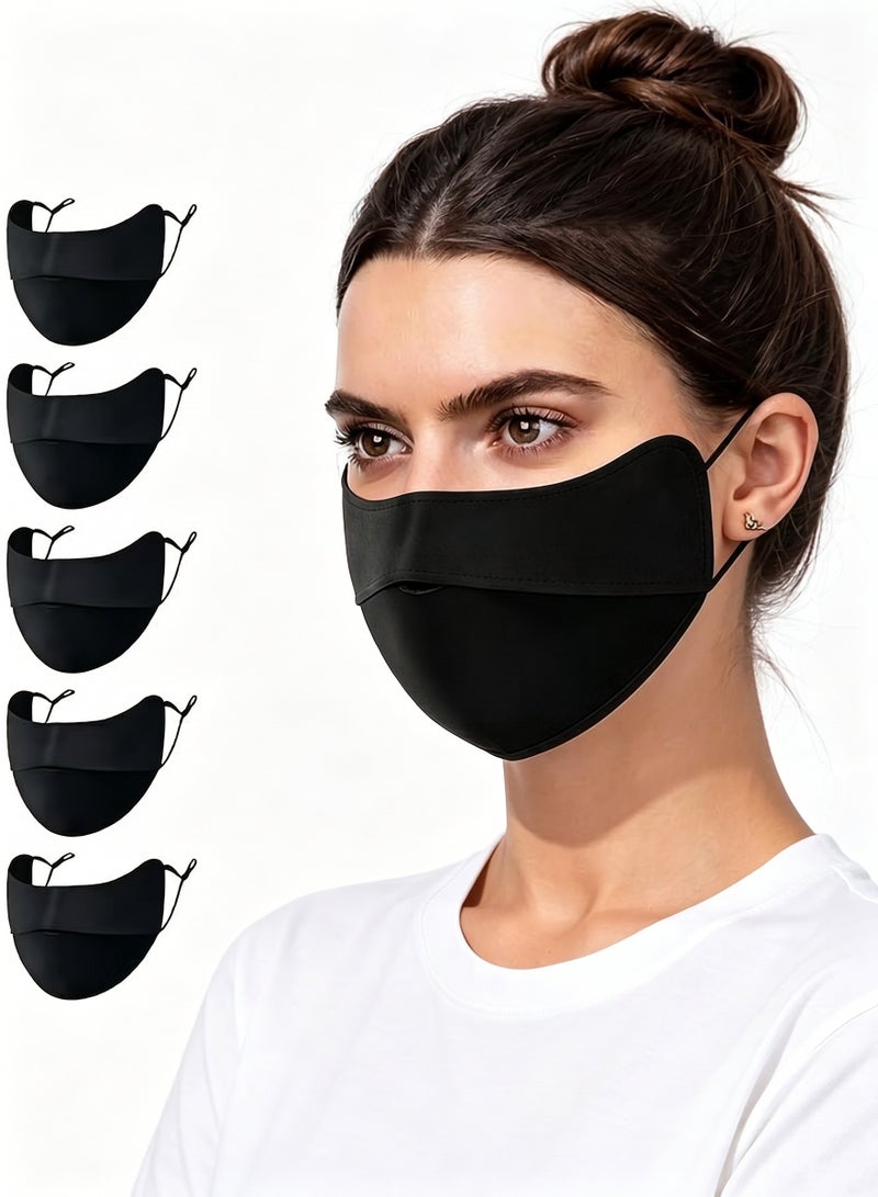 5 PCS Reusable Cotton Dust & Sun Protection Face Covers for Men & Women, M size, made of cotton fabric with curved nose design for perfect fit. Two adjustable elastic loops for comfortable wearing without ear pressure. Black color, dust-proof, UV protection, washable & durable, ideal for daily commute and outdoor activities. - Image 1