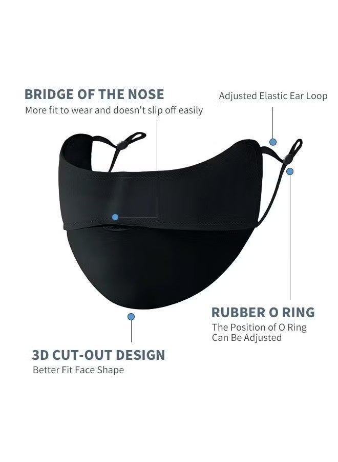 5 PCS Reusable Cotton Dust & Sun Protection Face Covers for Men & Women, M size, made of cotton fabric with curved nose design for perfect fit. Two adjustable elastic loops for comfortable wearing without ear pressure. Black color, dust-proof, UV protection, washable & durable, ideal for daily commute and outdoor activities. - Image 4