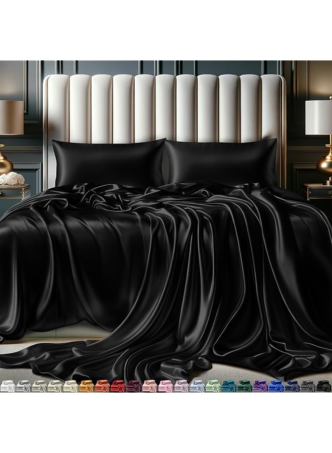erorex Satin Sheets King Bed Set 4 Pcs 21 Colors Hotel Luxury Soft Silky Satin Sheet Set With Deep Pockets，Satin Fitted Sheet Black Satin Sheets King Size Satin Sheets Satin Bed Sheets King - Image 1