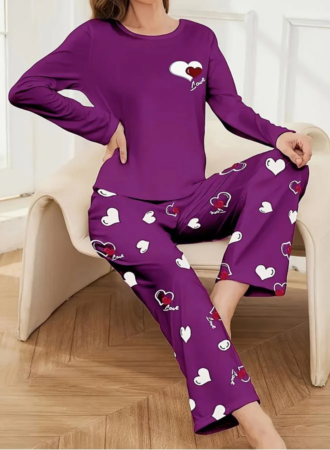 Take Two Take Two Heart Print Long Sleeve T-Shirt and Pyjama Set