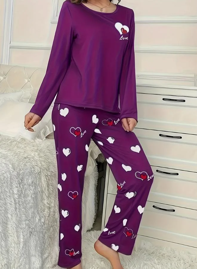 Take Two Take Two Heart Print Long Sleeve T-Shirt and Pyjama Set