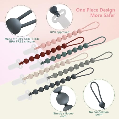 Slotic 6-Pack Silicone Pacifier Clips for Babies, Safe Teething Beads, Rust-Free Holders, Baby Boy and Girl Essentials, Newborn Must-Have Accessories, BPA-Free - Image 3