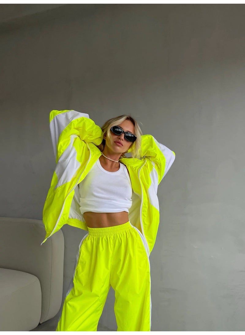 NIBEMINENT Retro Contrast Design 2 Piece Set Women Trendy Loose Zipper Jacket Elastic Waist Wide Leg Pants Casual Chic Tracksuit - Image 2