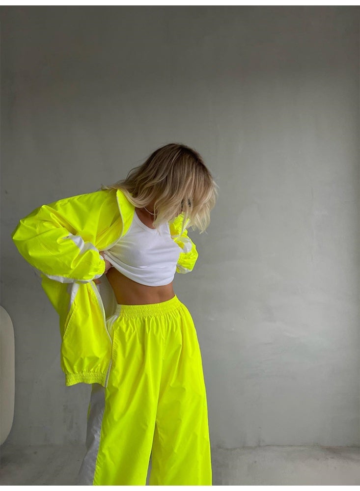 NIBEMINENT Retro Contrast Design 2 Piece Set Women Trendy Loose Zipper Jacket Elastic Waist Wide Leg Pants Casual Chic Tracksuit - Image 1