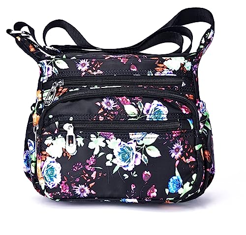 Nawoshow Nylon Floral Multi-Pocket Crossbody Purse Bags for Women Travel Shoulder Bag (T09-Peony Flower) - Image 1