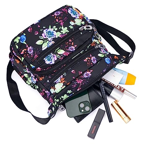 Nawoshow Nylon Floral Multi-Pocket Crossbody Purse Bags for Women Travel Shoulder Bag (T09-Peony Flower) - Image 3