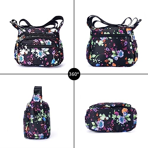 Nawoshow Nylon Floral Multi-Pocket Crossbody Purse Bags for Women Travel Shoulder Bag (T09-Peony Flower) - Image 2